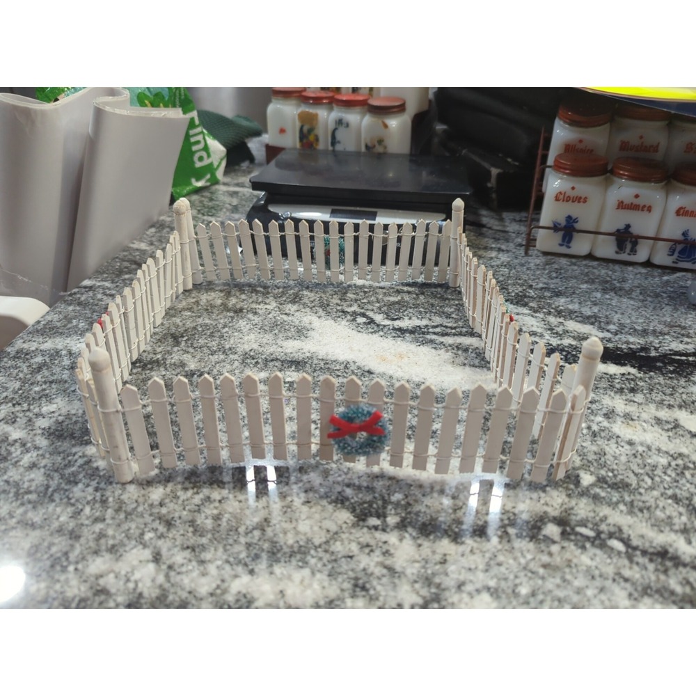Christmas Village Accessory  White Wood Picket Fence  33" with Wreaths